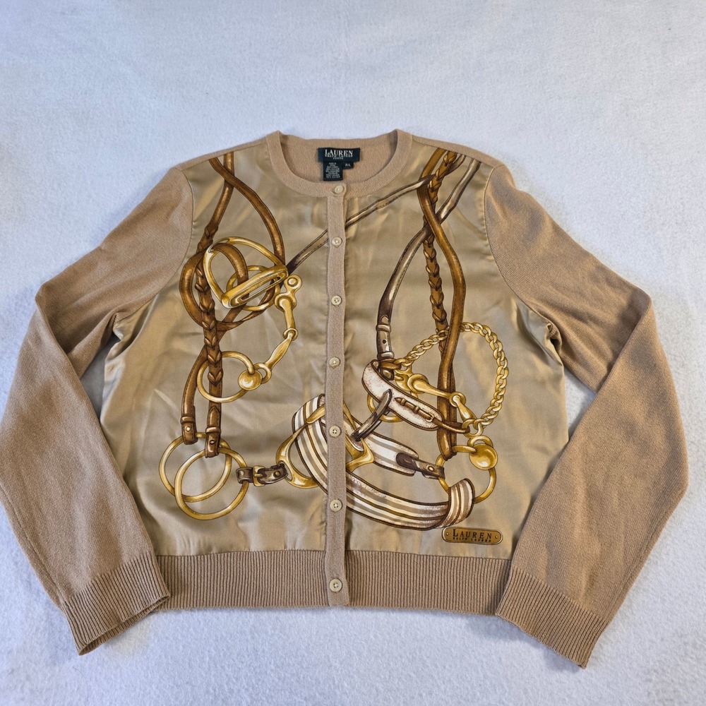 Lauren Ralph Lauren Petite Silk Cashmere Equestrian Print Cardigan Tan P/L